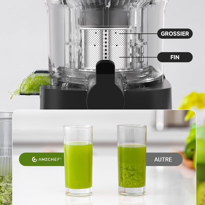 AMZCHEF Slow Juicer – 120 mm wide opening, stainless steel, quiet, easy to clean by hand, cold pressed juicer for fruits and vegetables - 2