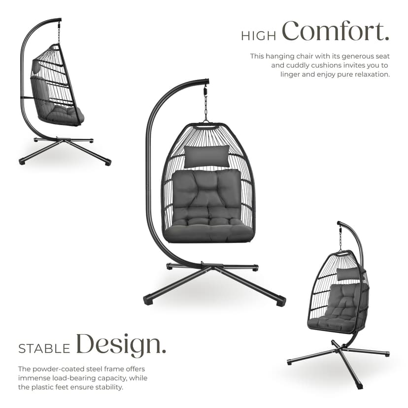 tectake® Luxurious Egg Chair with Stand, Thick Cushions, Polyrattan Weave, Rotatable & Height-Adjustable, Steel Frame, Incl. Protective Cover - Ideal Hammock Chair for Garden, Patio & Balcony - Grey - 3