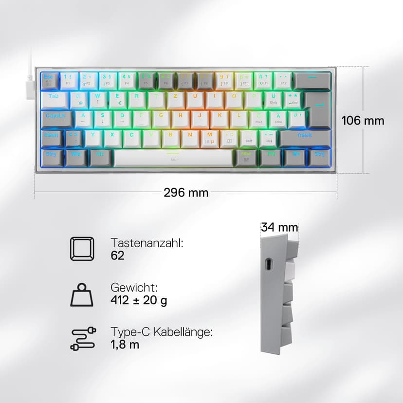 Redragon K617 Fizz 60% German QWERTZ Layout Gaming Keyboard, RGB Wired Gaming Keyboard, 62 Keys, Hot Swap Red Switches, Programmable Buttons, Removable USB Type C Cable - Grey & White - 7