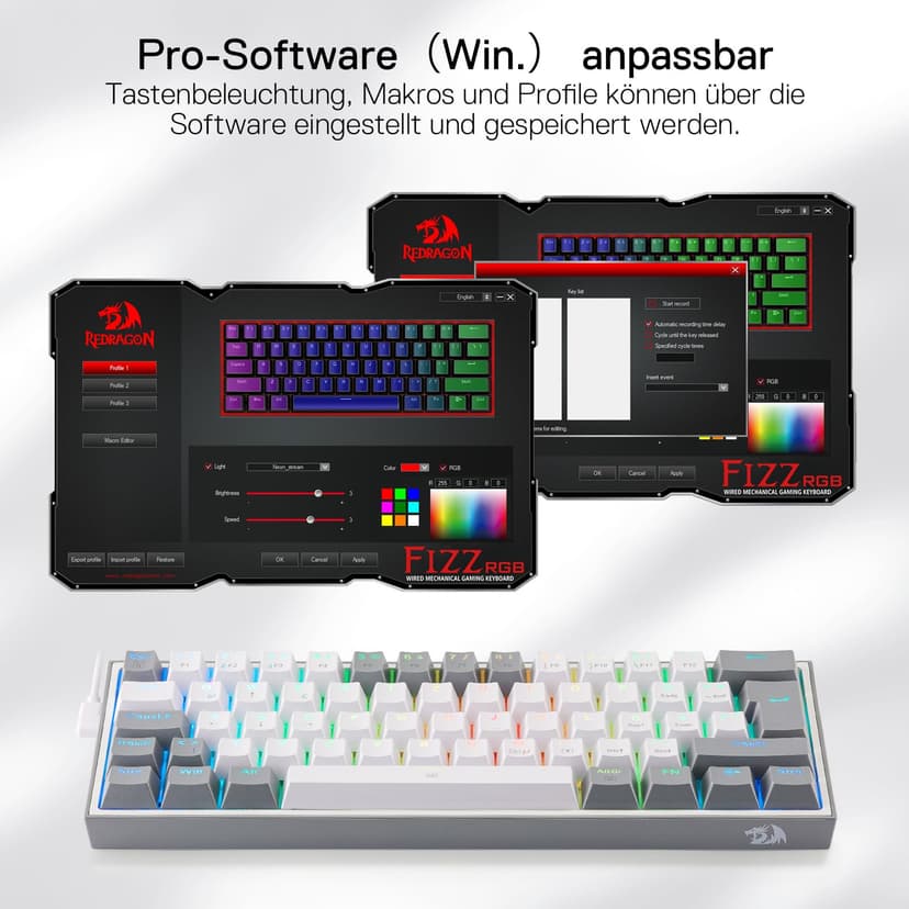 Redragon K617 Fizz 60% German QWERTZ Layout Gaming Keyboard, RGB Wired Gaming Keyboard, 62 Keys, Hot Swap Red Switches, Programmable Buttons, Removable USB Type C Cable - Grey & White - 6