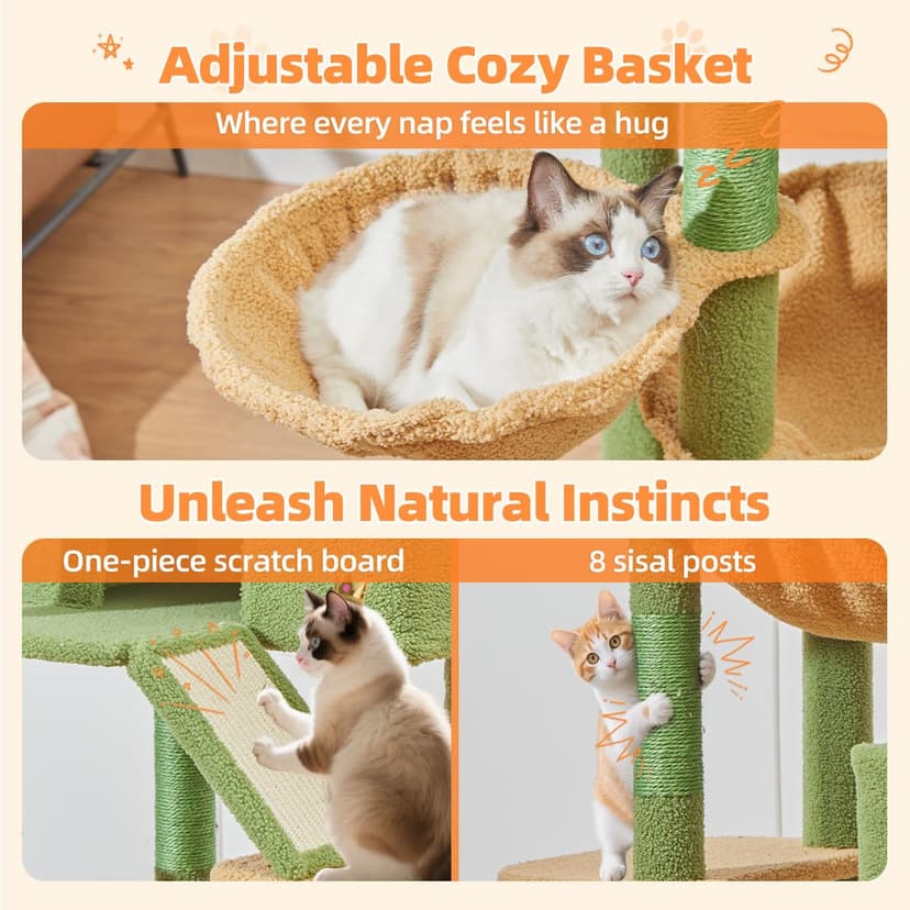 Taoqimiao Cat Tree, 180cm Cat Tower for Indoor Cats Large Cats, Multi-level Cat Climbing Tower, 8 Sisal Scratching Posts, Metal Frame Cozy Hammock, Scratch Board, 2 Top Perches, Green MSC026L - 6