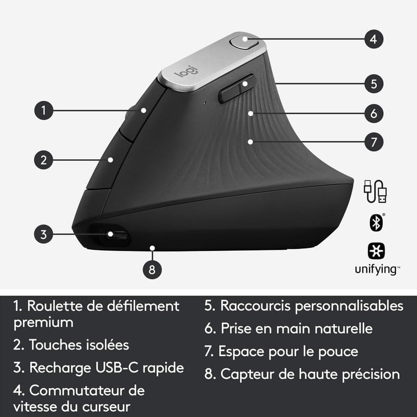 Logitech MX Vertical Souris Ergonomique sans Fil, Multi-Dispositifs, Bluetooth ou 2,4 GHz avec Récepteur USB Unifying, Suivi Optique 4000 PPP, 4 Boutons, Charge Rapide,Portable/PC/Mac/iPad OS-Graphite - 7