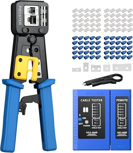 Proster RJ45 Crimp Tool Kit - RJ45 Pass Through Crimp Tool for CAT5 CAT5e CAT6 Network Cable with Network Cable Tester & 50Pcs Gold-Plated CAT6 Connectors & Covers & 5 Spare Blades & Stripper
