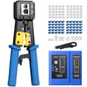 Proster RJ45 Crimp Tool Kit - RJ45 Pass Through Crimp Tool for CAT5 CAT5e CAT6 Network Cable with Network Cable Tester & 50Pcs Gold-Plated CAT6 Connectors & Covers & 5 Spare Blades & Stripper - 1