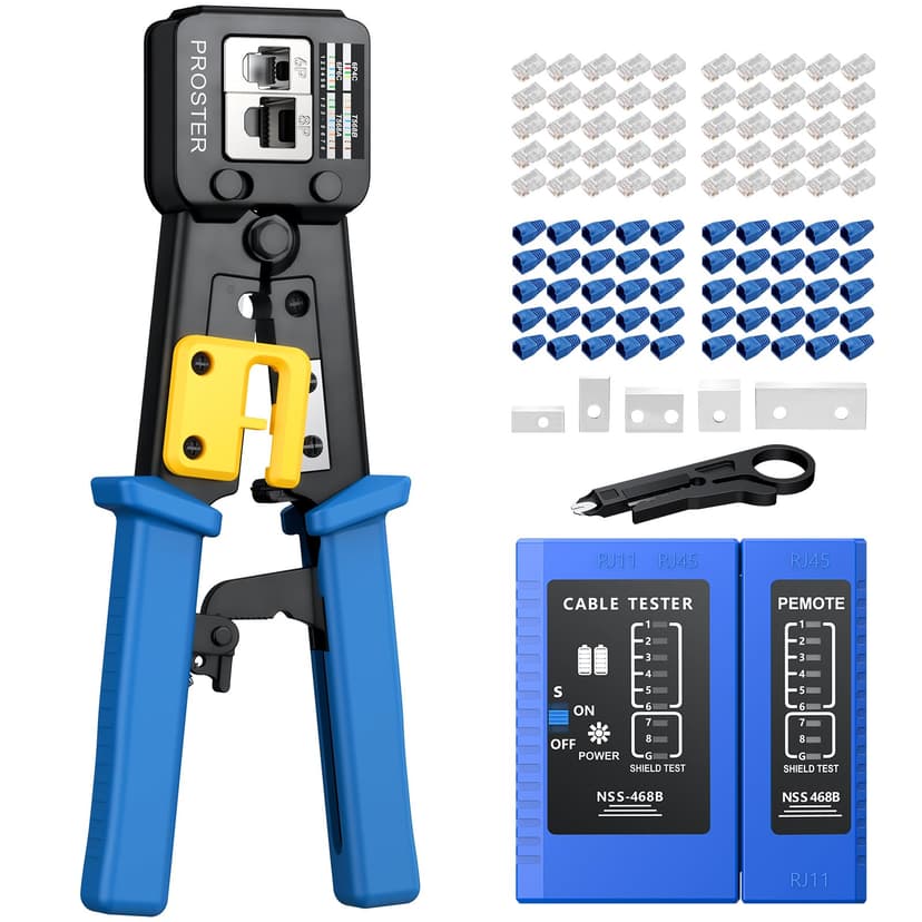 Proster RJ45 Crimp Tool Kit - RJ45 Pass Through Crimp Tool for CAT5 CAT5e CAT6 Network Cable with Network Cable Tester & 50Pcs Gold-Plated CAT6 Connectors & Covers & 5 Spare Blades & Stripper - 1