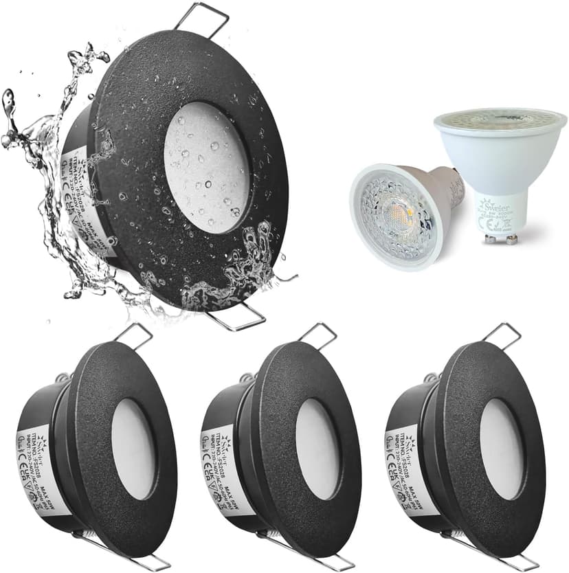 Sweier Waterproof Downlight Black,IP65 Recessed Ceiling Light Warm White 3000K,5W GU10 Downlights for Bathroom Ceiling,430Lumen LED Bathroom Spotlight,Cutout 68-75mm,4 Pack - 1