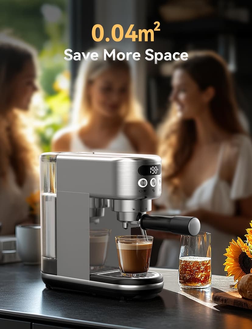 Neretva Machine a Cafe, 20 Bar Cafetière Expresso 1350W Compacte En Acier Inoxydable Avec Mousseur À Lait & Écran LED Machine à Cafe Utiliser Pour La Maison Capacité 1,3L - Espresso/Macchiato/Latte - 6