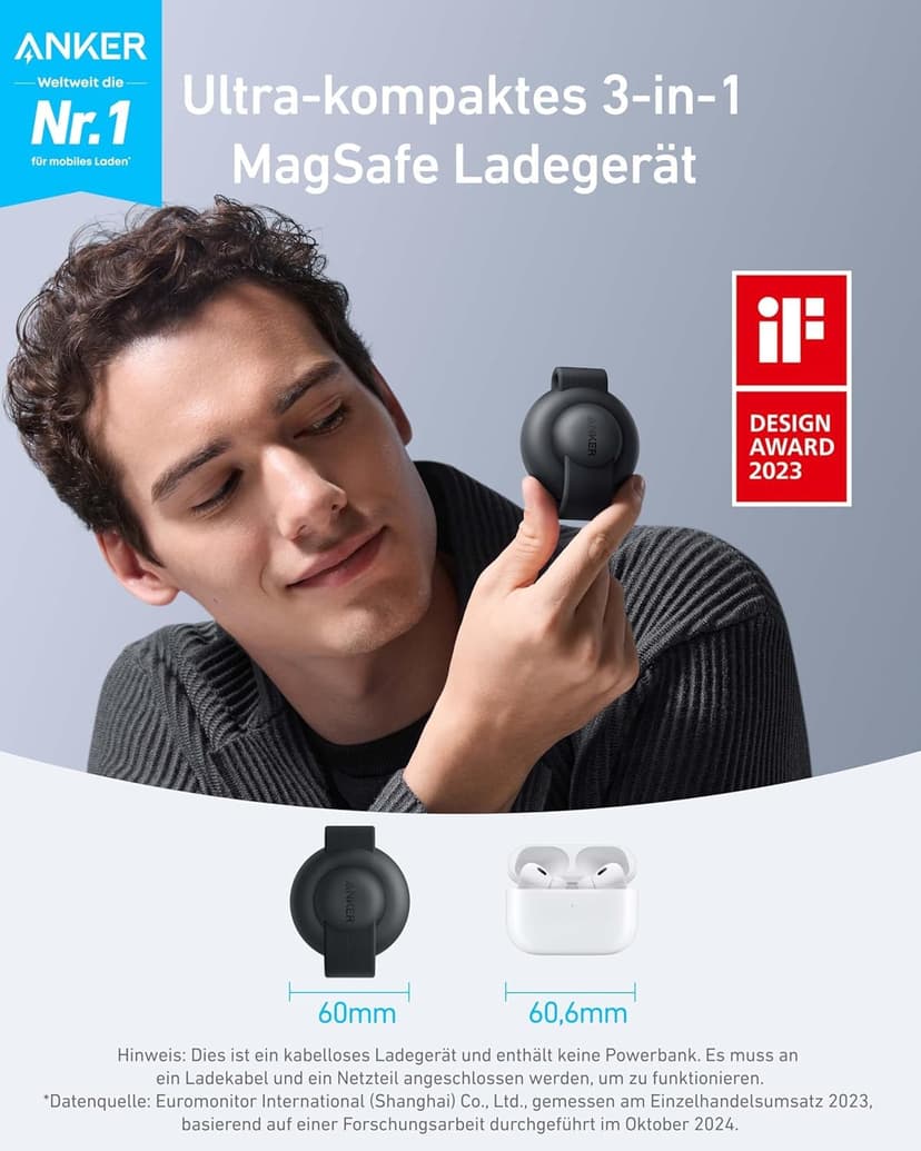 Anker MagGo Chargeur Induction iPhone Station de Recharge Sans Fil 3 en 1 Compatible MagSafe, Certifié Qi2 15W, Chargeur de Voyage pliable, iPhone 17/16/15, AirPods,Apple Watch (chargeur USB-C inclus) - 2