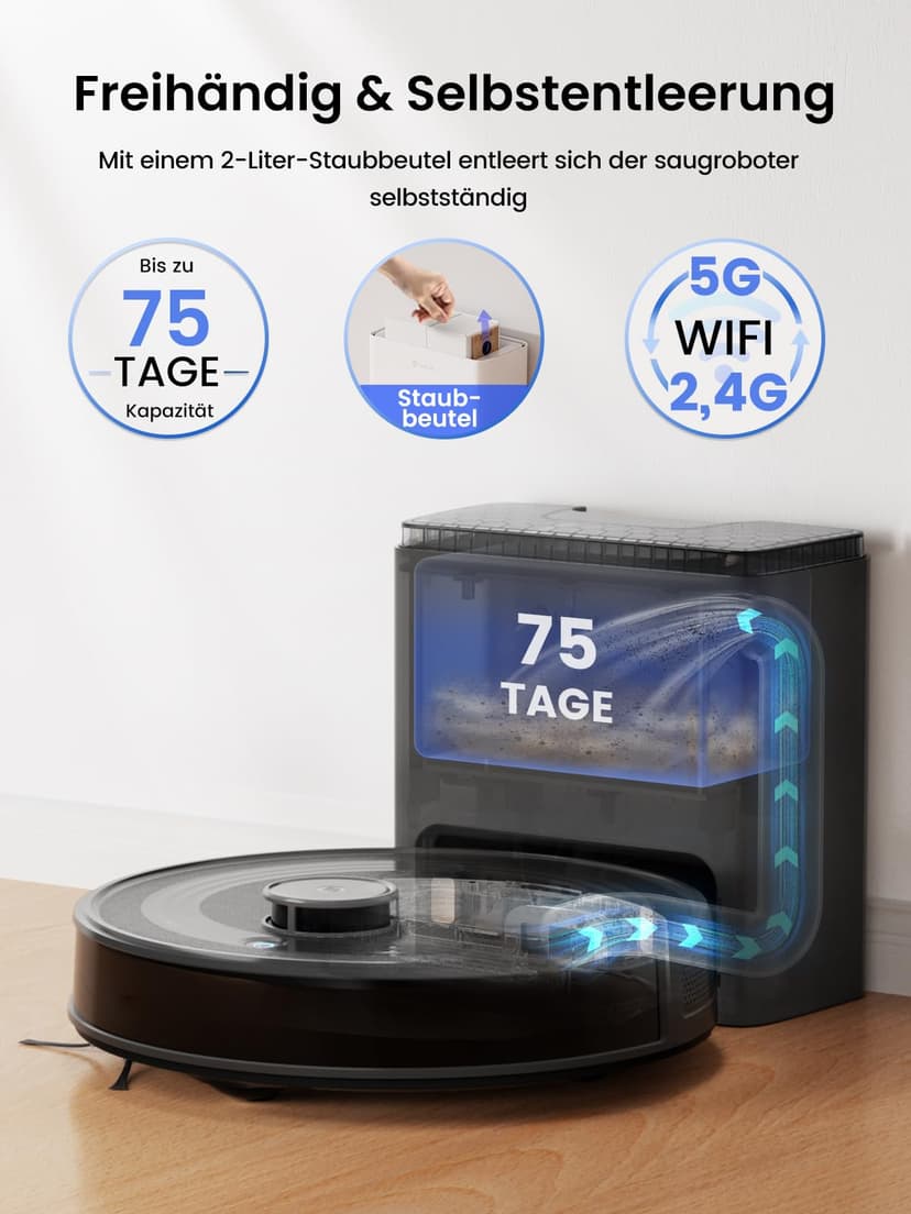 Lefant M2 Plus Aspirateur Robot Laveur avec Station 6000Pa Vidage Automatique Poussière,Navigation Laser Cartographie,Évitement d'obstacles PSD,Idéal pour Poils d'animaux/Tapis, WiFi/App/Alexa, Noir - 3
