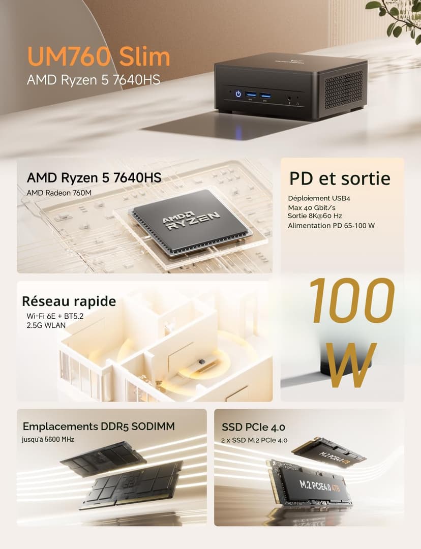MINIS FORUM UM760 Slim Mini PC, processeur AMD Ryzen 5 7640HS Mini Computer (6C/12T, jusqu'à 5,0 GHz), 16 Go de RAM DDR5 et 1 to de SSD PCIe 4.0, 8K@60Hz HDMI 2.1/USB4, WIFI6E/BT5.2 - 2