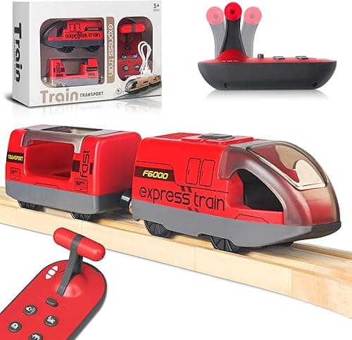 Electric Remote Trains Toy for Wooden Track, Remote Control & Motorized Train with 4 Sound and Light Effects for Kids 3 4 5+ Years Old Boys Girls, Compatible with Thomas,Brio,Chuggington-Red