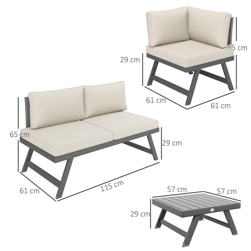 Outsunny Salon de Jardin extérieur d'angle et Convertible 4 pièces avec 2 banquettes, 1 Fauteuil d'angle et 1 Table Basse, Aluminium et Acier mobilier de Jardin pour Balcon terrasse, Beige - 7