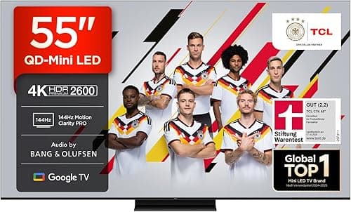 TCL 55C7K QD-Mini Téléviseur LED 55" 4K HDR Premium Dolby Vision IQ & Atmos, Bang & Olufsen Sound, Smart TV avec Google TV, 144 Hz, HDMI 2.1, AMD FreeSync Premium Pro, AirPlay 2, Google Assistant