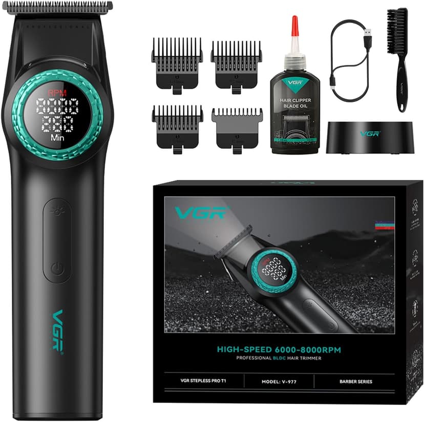 VGR 977 Professional Hair Trimmer for Men, 8000 RPM T-Blade Trimmer Zero Gapped Cordless Barber Clippers, Rechargeable Edge Clippers with LED Display - 1