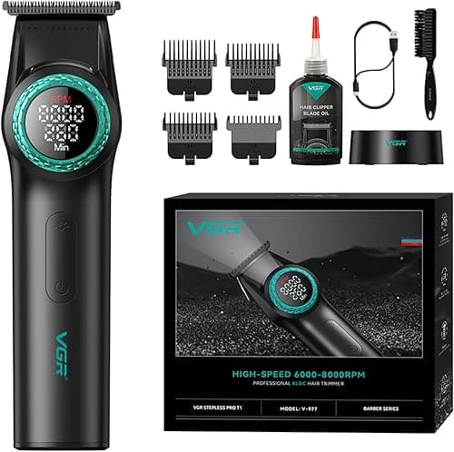 VGR 977 Professional Hair Trimmer for Men, 8000 RPM T-Blade Trimmer Zero Gapped Cordless Barber Clippers, Rechargeable Edge Clippers with LED Display