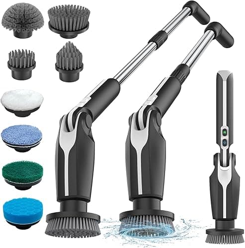 Leebein Electric Cleaning Brush, Spin Scrubber with 8 Interchangeable Brush Heads, Remote Control, Adjustable Long Handle 38-132 cm & 2 Speeds and for Bathroom (Black)