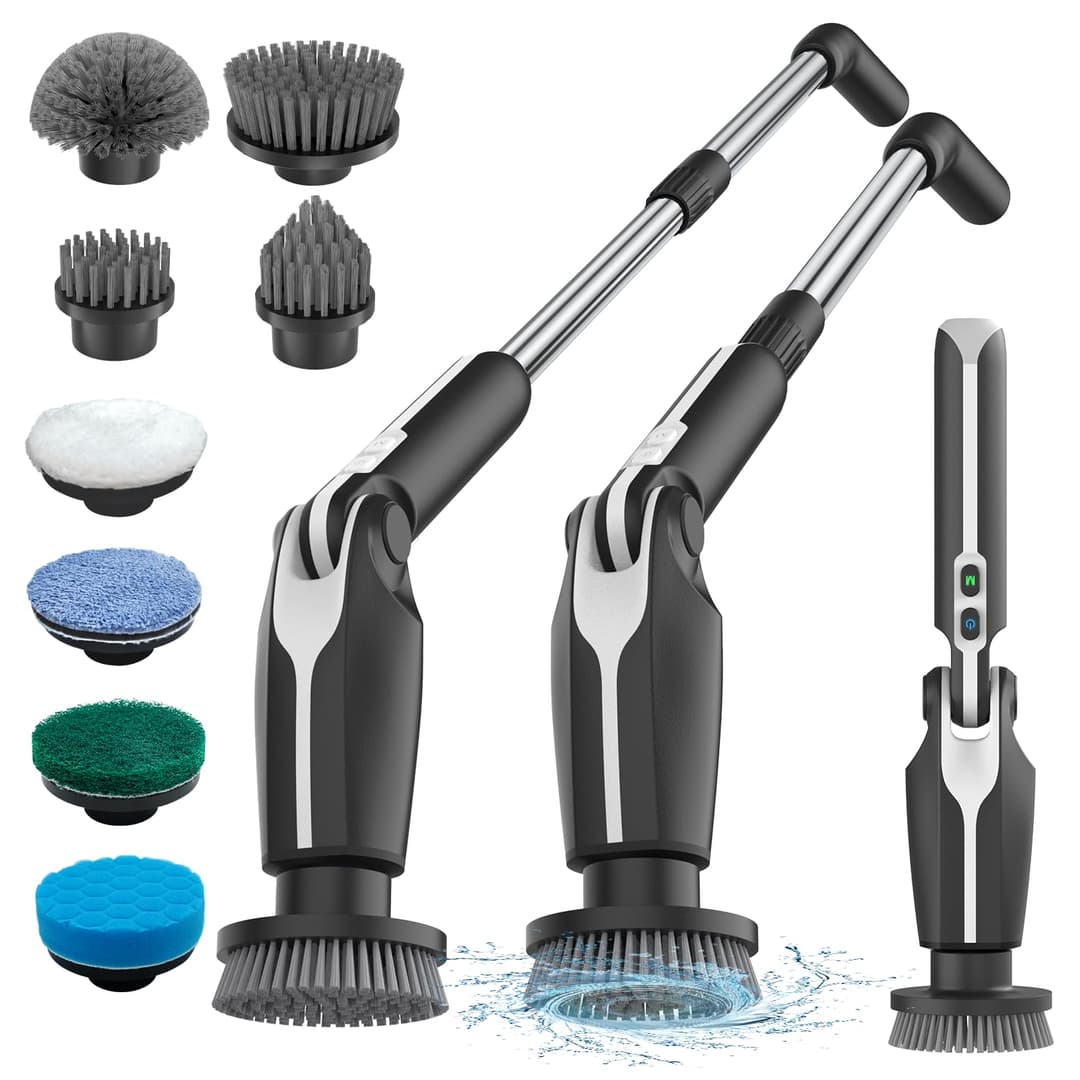 Leebein Electric Cleaning Brush, Spin Scrubber with 8 Interchangeable Brush Heads, Remote Control, Adjustable Long Handle 38-132 cm & 2 Speeds and for Bathroom (Black)