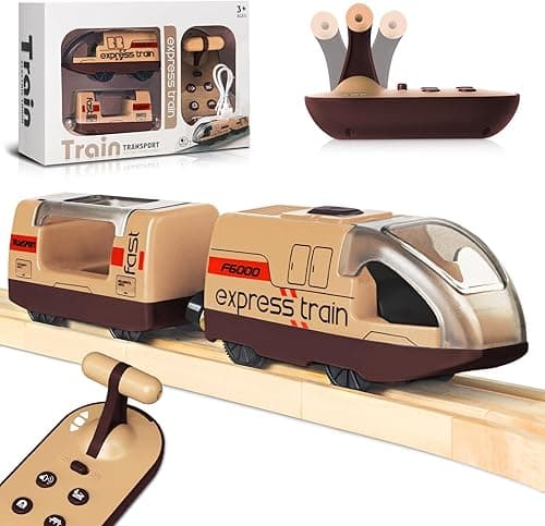 Electric Remote Trains Toy for Wooden Track, Remote Control & Motorized Train with 4 Sound and Light Effects for Kids 3 4 5+ Years Old Boys Girls, Compatible with Thomas,Brio,Chuggington-Red