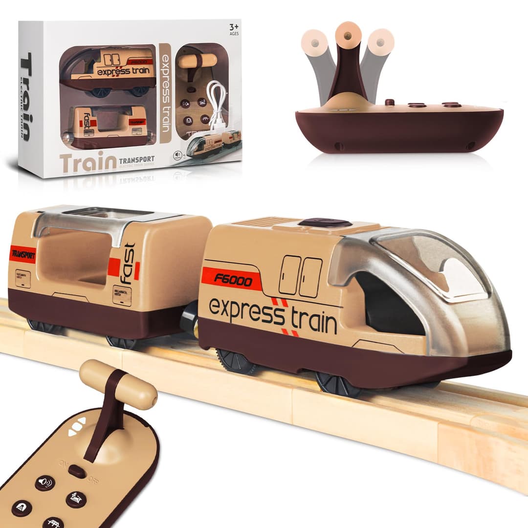 Electric Remote Trains Toy for Wooden Track, Remote Control & Motorized Train with 4 Sound and Light Effects for Kids 3 4 5+ Years Old Boys Girls, Compatible with Thomas,Brio,Chuggington-Red