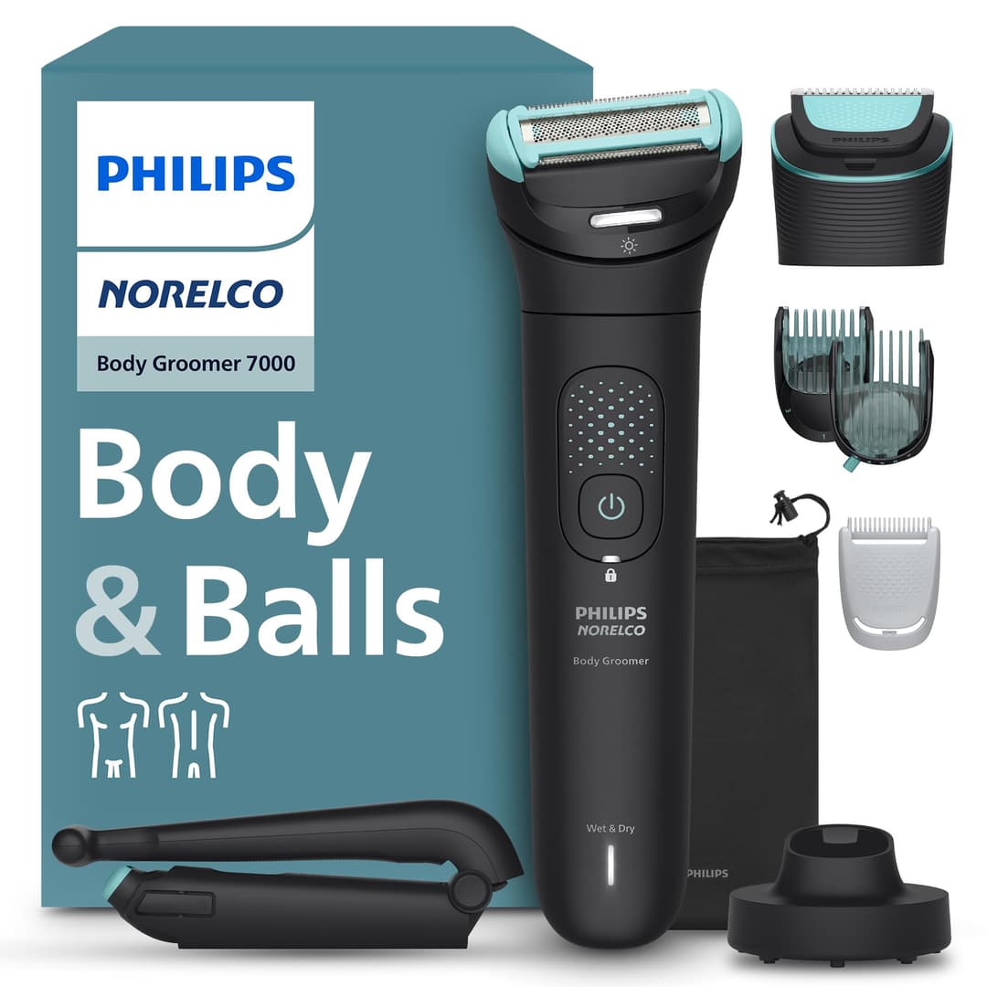 Philips Norelco Body Groomer 7000 Series Men's Hair Trimmer with 2D Smooth Contour Flexible Head, Triple Protection Shaving System and Intimate Hair Trimmer, 100% Waterproof, BG7480/50