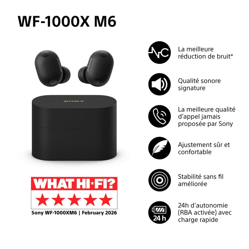 Sony WF-1000XM6 Flagship Wireless Noise Cancelling Earbuds, Bluetooth, In-ear Headphones, Signature Hi-Res Sound, Clear Calls, 10 band EQ, 24 Hr Battery NC On, IPX4, iOS & Android - Black - 2