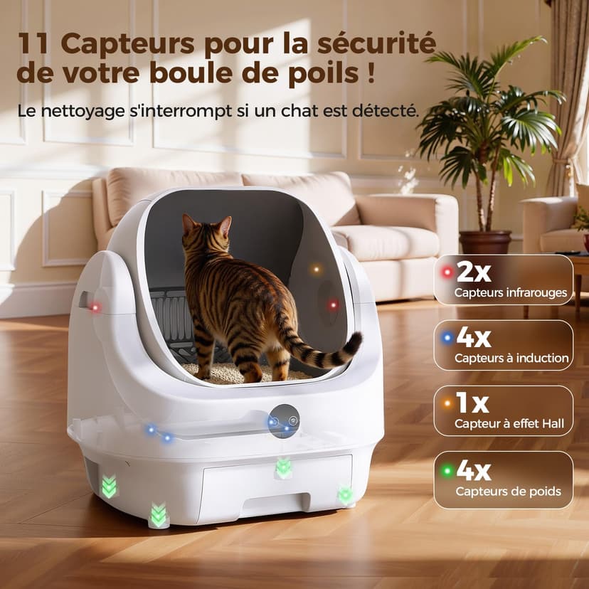 Self Cleaning Cat Litter Tray Open Top, Odor Control, Ready to Use, Automatic Litter Box, Large Capacity with APP Control and Safety Sensor, Ellenpent, with Trash Bags/Litter Mat (White) - 6