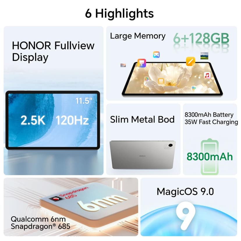 HONOR Pad X9A 6GB 128GB WiFi Tablet 8300mAh Battery, Fullview 11.5 Inch Screen and 120Hz 2.5K, Qualcomm 6nm Snapdragon 685, 4 Speakers, Metal Body, Android 15, Google Service, Grey - 2
