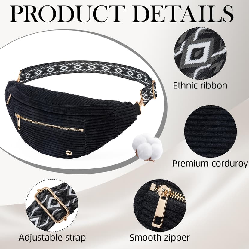 MAXTOP Crossbody Bag Women's Shoulder Bag Made of Soft Corduroy with Ethnic Woven Strap – Versatile Shoulder Bag & Waist Bag for Everyday Use, Office & Travel, Adjustable, Black, Gemiddeld - 4
