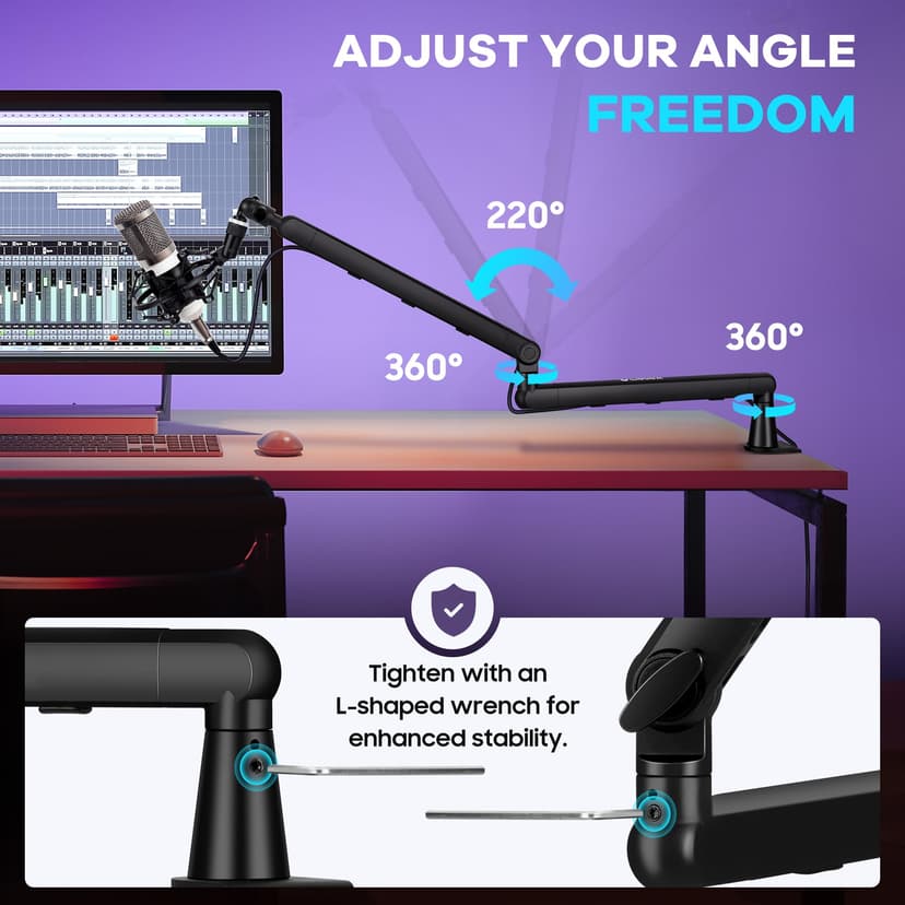 CAHAYA Microphone Boom Arm Professional Low Profile Adjustable Microphone Arm with Extension Rod Under-Screen Design for Streaming & Recording, Load Capacity up to 2.5 kg Microphone Swivel Arm - 6