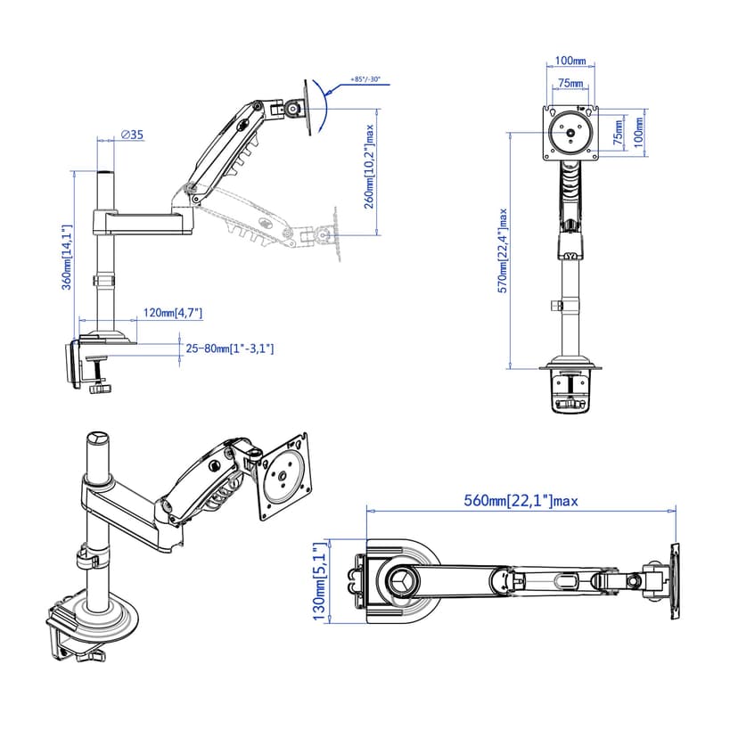 Ergosolid Support Ecran PC Moniteur de 17-30 Pouces, Bras pour Écran PC Rotatif à 360°, Réglable en Hauteur, VESA 75mm et 100mm, Capacité de Charge Accrue de 2-9kg - 3