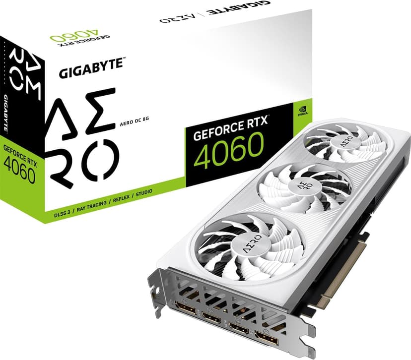 Gigabyte NVIDIA GeForce RTX 4060 AERO OC Graphics Card - 8GB GDDR6, 128-bit, PCI-E 4.0, 2550MHz Core Clock, 2x DP 1.4, 2x HDMI 2.1a, NVIDIA DLSS 3 - GV-N4060AERO OC-8GD - 1