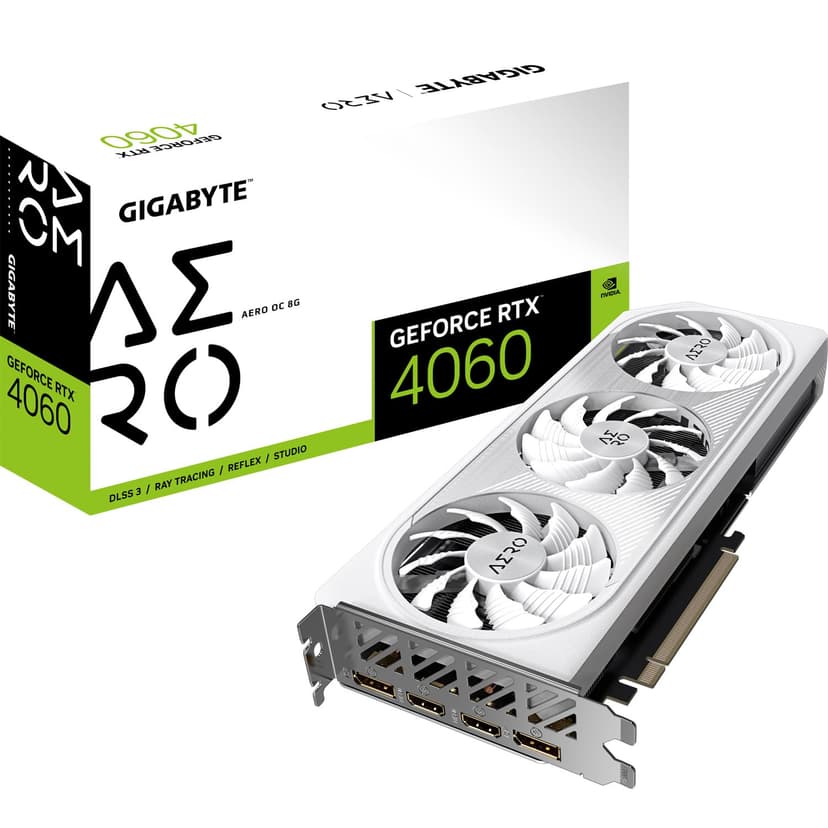 Gigabyte NVIDIA GeForce RTX 4060 AERO OC Graphics Card - 8GB GDDR6, 128-bit, PCI-E 4.0, 2550MHz Core Clock, 2x DP 1.4, 2x HDMI 2.1a, NVIDIA DLSS 3 - GV-N4060AERO OC-8GD - 1