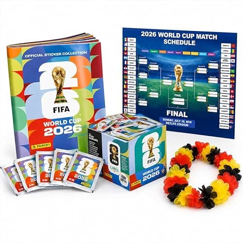 XXL Set de Démarrage Fan Championnat du Monde 2026 – Album Original Panini, Calendrier des Matchs + Guirlande Allemagne, XXL Fan Bundle (50 Paquets / 350 Stickers)