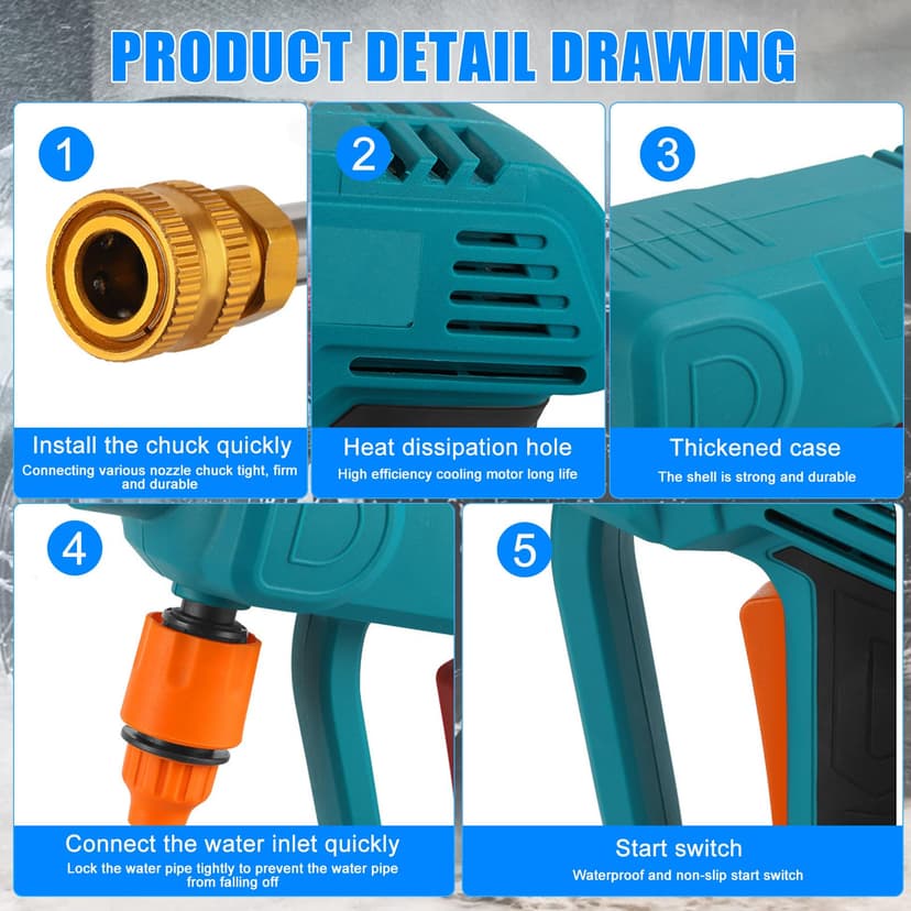 WingFly Cordless Pressure Washer for Makita Battery 18V, Portable High-Pressure Washer 5m Hose, Nozzle, Battery Pressure Washer for Car/Floor/Garden Cleaning & Watering(No Battery) - 3