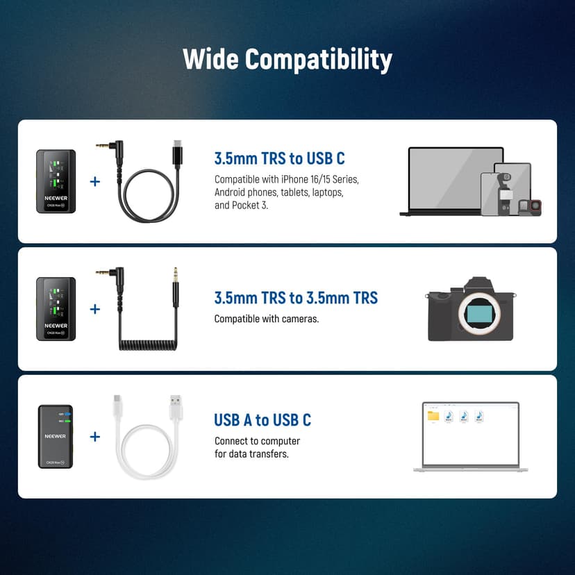 NEEWER CM28 Max Wireless Lavalier Microphone System with Charging Case 48KHz/24Bit Lossless Float Recording Noise Cancellation 8GB Storage 25Hrs Battery 300m Range for iPhone iPad Android Camera PC - 8