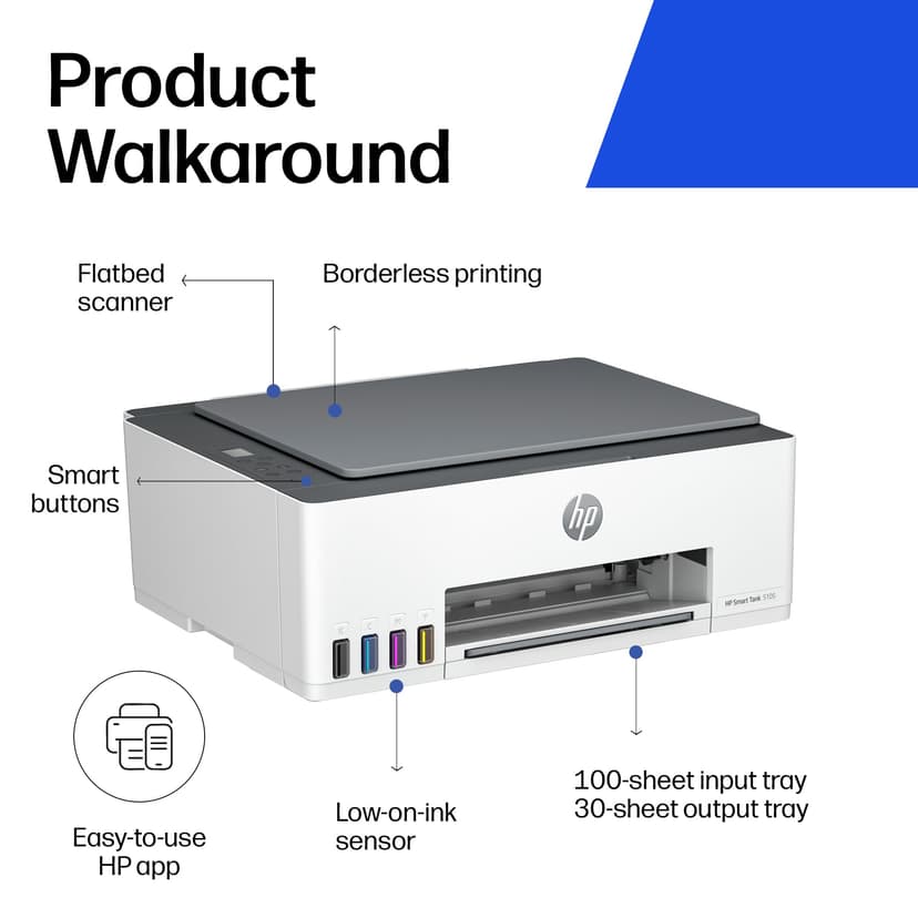 HP Smart Tank 5105 All in One Printer | Perfect for Home | Colour | Wireless | Print, Scan, Copy | Refillable, Includes up to 3 Years of Ink | Smart Buttons | Easy Setup | Reliable Wi-Fi - 4