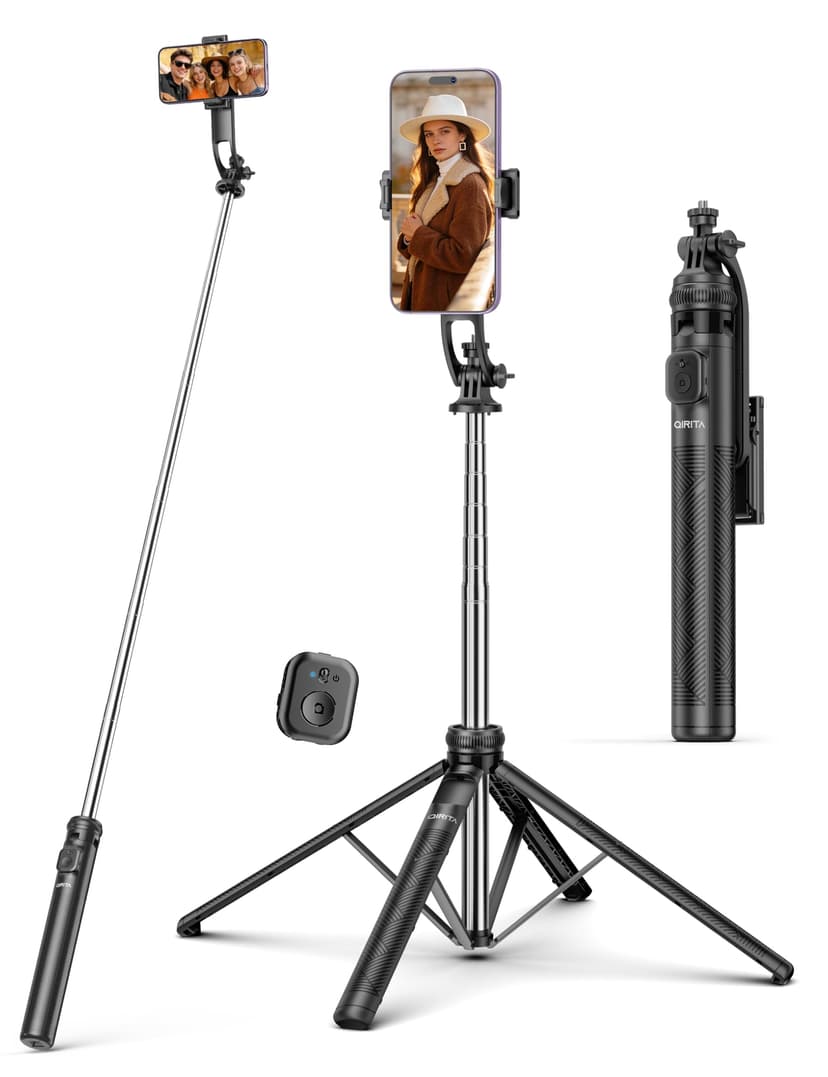 71" Phone Tripod & Selfie Stick,QIRITA Integrated Extendable Quadrapod for Smartphone, Stability on Four Axes, Portable Travel Tripod Stand with Remote Control for iPhone, Android, Camera&GoPro - 1