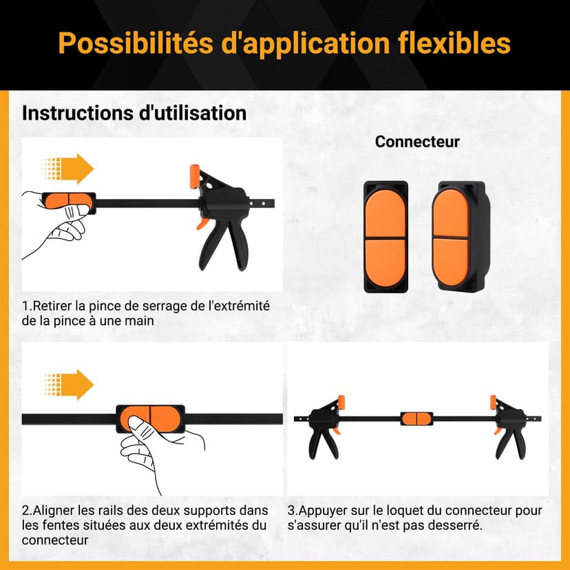 TOOLMAYS Jeu de 2 Serre-joints Rapide à une Main avec Connecteur, Largeur de Serrage 152/420mm, Force de Serrage Maximale 100 kg, Ouverture Flexible Plage d'Extension 154 mm - 620 mm - 5