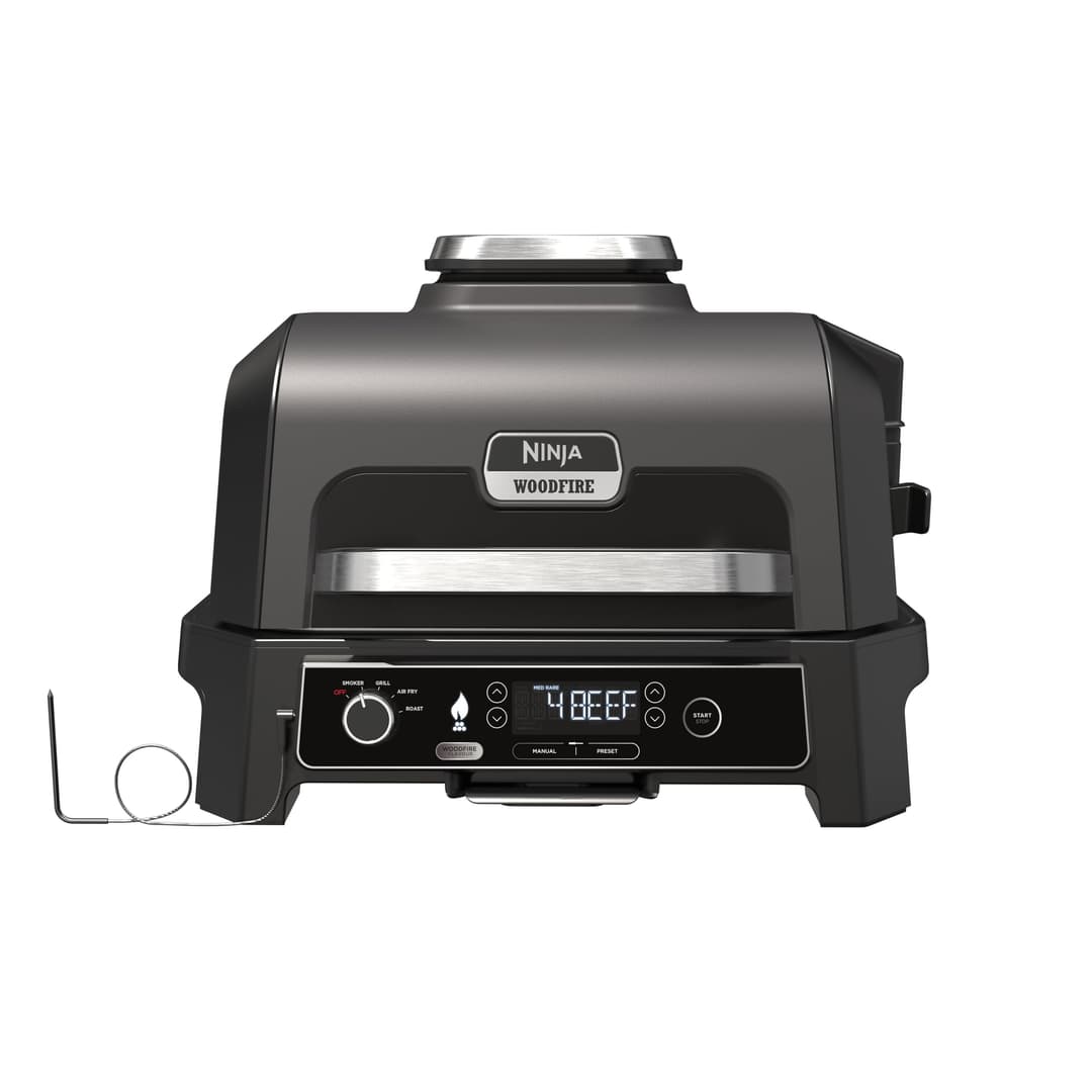 Ninja Woodfire Pro XL Electric Grill, Large 4-in-1 Outdoor Grill with Smoker & Hot Air Fryer, Smart Cook System & Integrated Thermometer, Wood Fire Pellets, Weatherproof, Portable, Grey/Black OG850EU