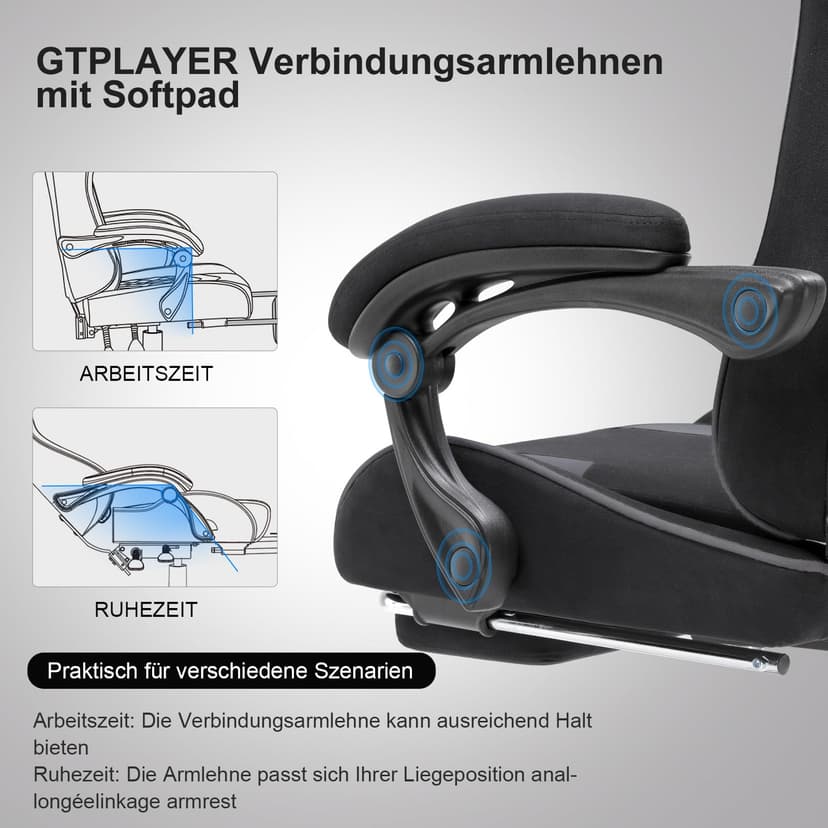 GTPLAYER Chaise de Gaming en Tissu - Ergonomique - avec Repose-Pieds - Appuie-tête - Coussin Lombaire - Rembourré - Pivotant, Supporte 150 kg, Gris - 8