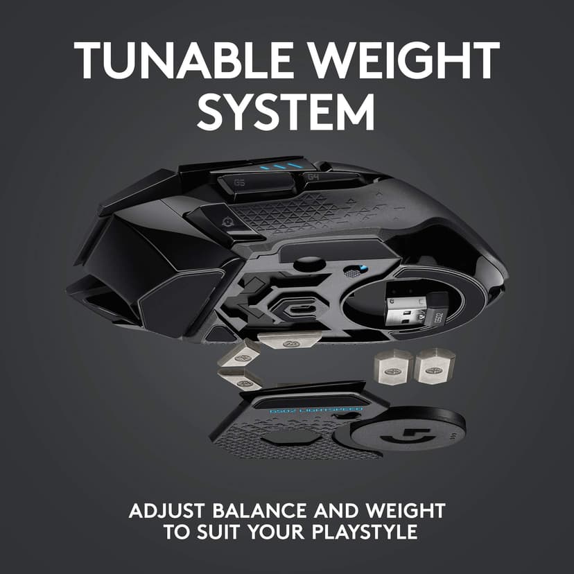 Logitech G502 Lightspeed Wireless Gaming Mouse, Hero 25K Sensor, 25,600 DPI, RGB, Adjustable Weights, 11 Programmable Buttons, Long Battery Life, POWERPLAY-Compatible, PC/Mac - Black - 7