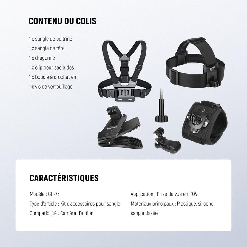 NEEWER Kit d'Accessoires Compatible avec GoPro Hero Insta360 DJI AKASO Caméra d'action, Fixation Rapide pour Sangle de Tête, Harnais de Poitrine, Support pour Chapeau et Dragonne 360° pour POV,GP-75 - 7