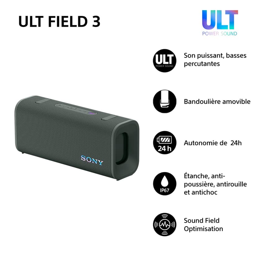 Sony ULT FIELD 3 - Portable Bluetooth Speaker with ULT POWER SOUND, 24hr Battery, IP67, Waterproof, Dustproof, Shockproof, Detachable Shoulder Strap, Compact - Forest Gray - 2
