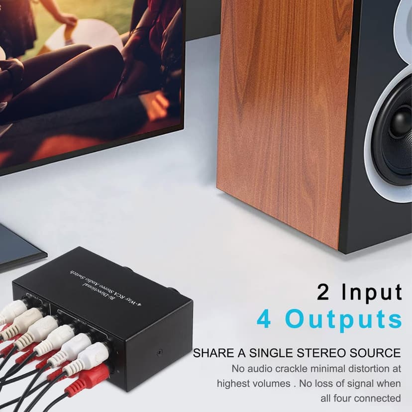 UNSTINCER RCA L/R Audio Switch 4(2) in-2(4) out, Bidirectional Noiseless hifi Stereo Audio Splitter Box, Analogue Aux Line Selector for Headphone Game Console Soundbar TV Speaker Turntalbe, Metal - 8