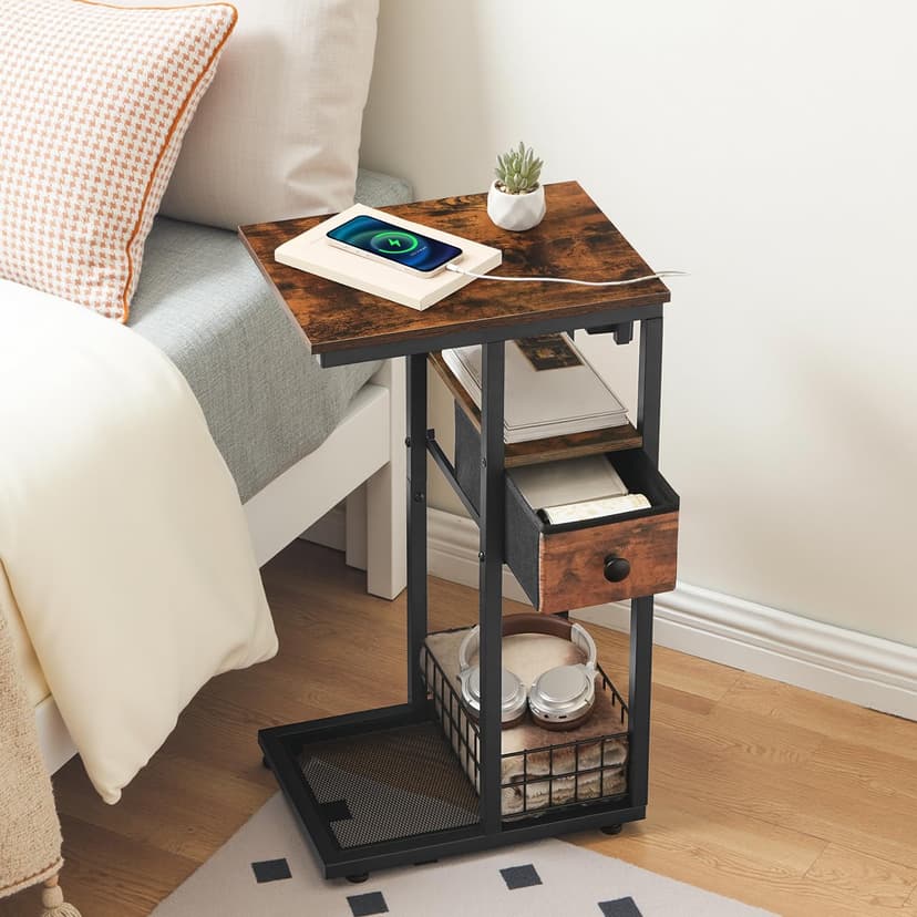 HOOBRO Table d’Appoint en C avec Multiprise (1 AC, 1 USB-A, 1 Type-C) et 1 Tiroir, Table de Chevet, avec 4 roulettes et 4 Pieds Réglables, pour Chambre, Salon, Marron Rustique et Noir EBF79CSF01 - 4