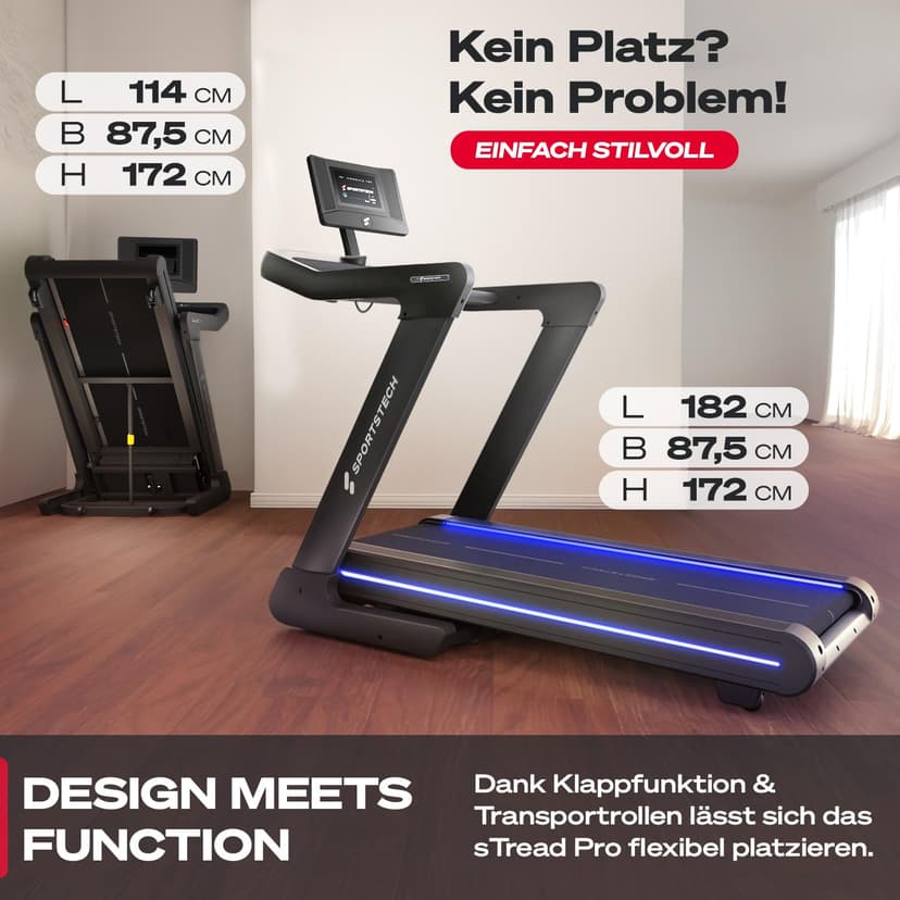 Sportstech Tapis de Course Professionnel pour Maison, 20 km/h, APP | Grande Surface de Course, Inclinaison 16%, jusqu'à 150 kg | LED & 360° Tabletholder | avec 1 an d'App STL Incluse - 8