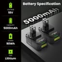 2 x 5.0 Ah replacement battery for Ryobi 18 V RB18L50 battery replacement battery for Ryobi 18 V battery RB18L15 RC18120 RB18L40 RB18L50 with LED indicator - 2