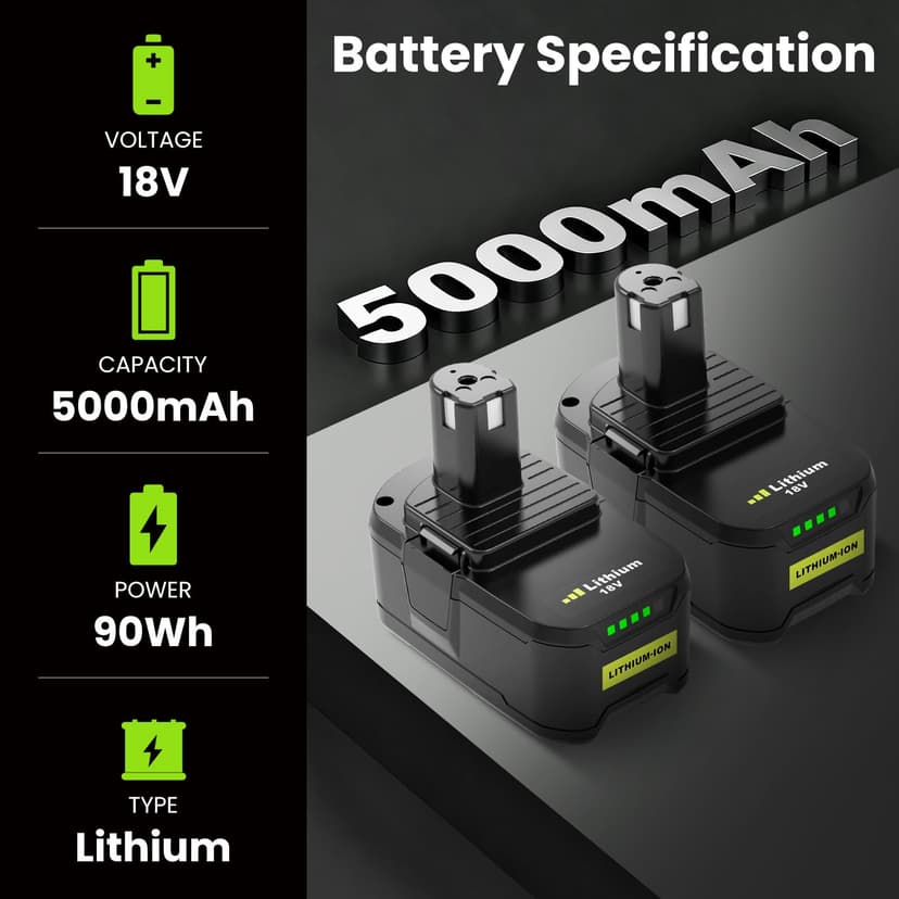 2 x 5.0 Ah replacement battery for Ryobi 18 V RB18L50 battery replacement battery for Ryobi 18 V battery RB18L15 RC18120 RB18L40 RB18L50 with LED indicator - 2