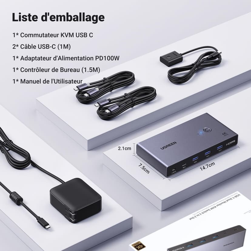 UGREEN HDMI 2.0 KVM Switch, 2 Inputs 2 Outputs, USB-C KVM Switch, 4K at 60Hz, USB 3.0 Switch, 4 USB Ports (3*USB 3.0+ USB C), 2 PC and 2 Monitor Share Mouse, Keyboard, U-Disks, Hard Disk - 9