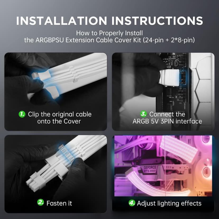 AsiaHorse Aurora-CO Gaines de Câble ARGB [Gaine Seulement - Pas DE CÂBLE NI CONTRÔLEUR], Kit Gaine ARGB Souple pour Câbles d'alimentation Existants 24-Pin / 2 * 8-Pin / 12+4-Pin, Sync 5V 3-Pin - 6